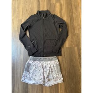 Athleta Girl XL/14 Set Lightweight Black Zip-up Jacket & Printed Lined Shorts